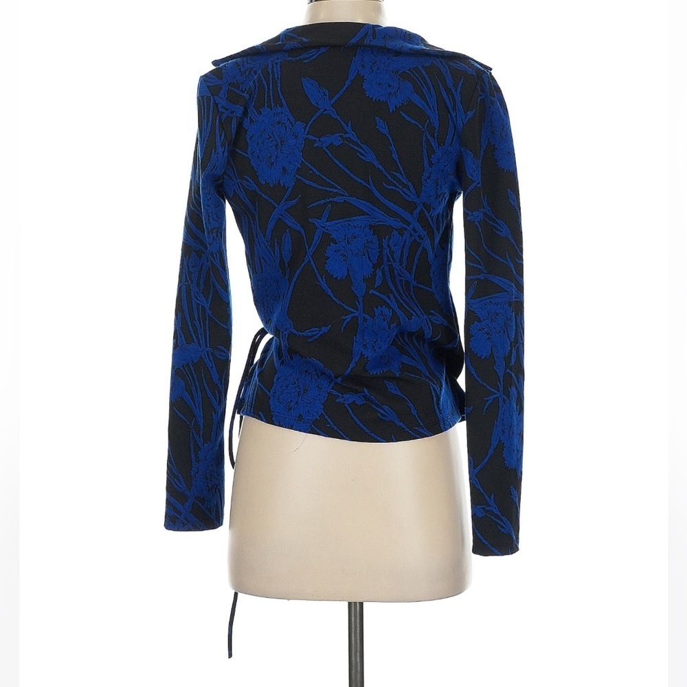 Zara Blue Jacquard Floral Wrap Top Long Sleeve V-Neck Tie Waist Blouse Women XS - Picture 3 of 8
